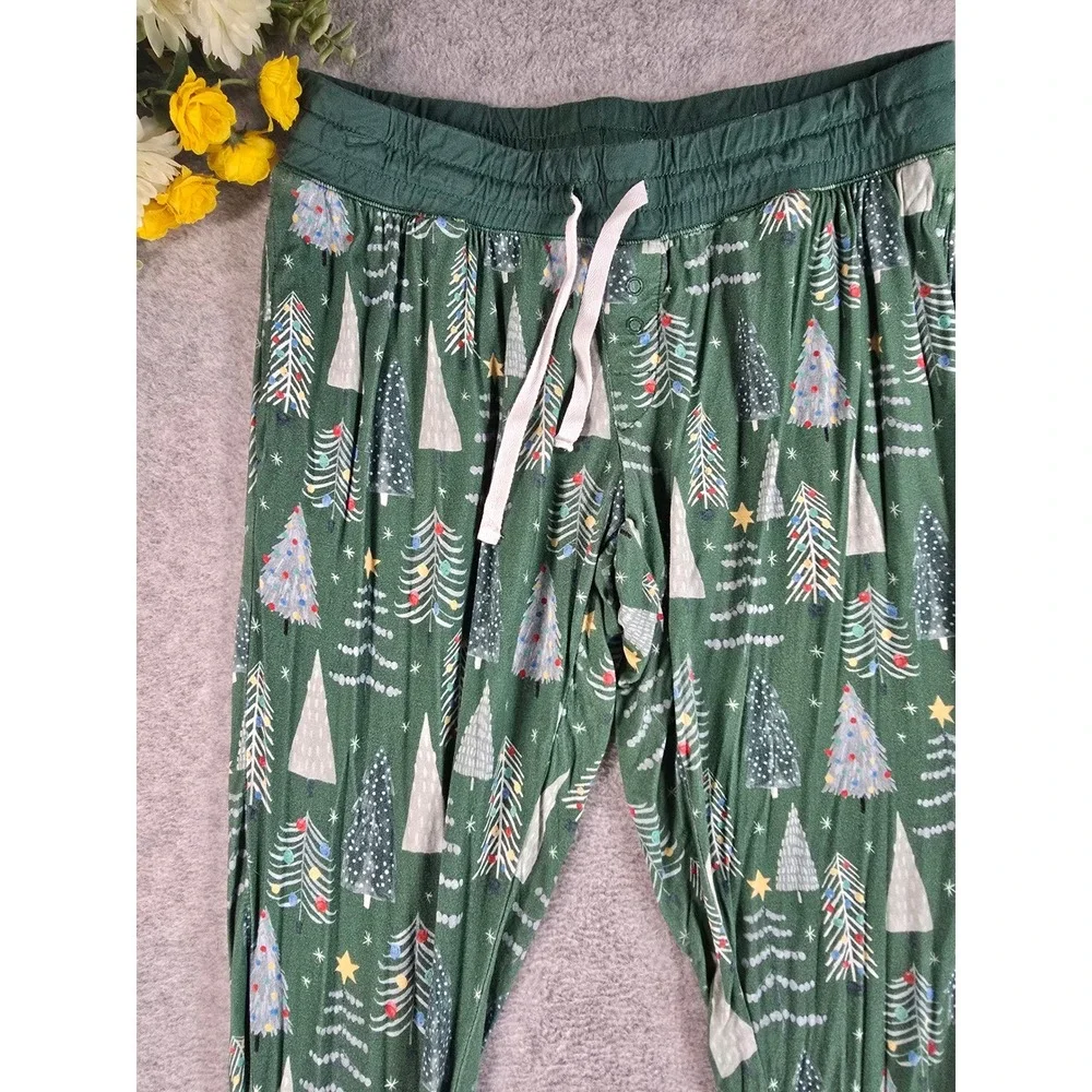 Little Sleepies Pajama Set Womens S/XS Green Christmas Trees Bamboo Lounge PJs